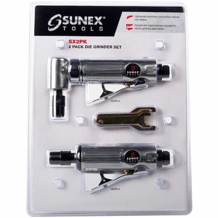Sunex Air Die Grinder Set, 1/4in Straight & Right Angle, 20000 RPM, 4 CFM, 1/4in NPT Inlet, 2PK SX2PK